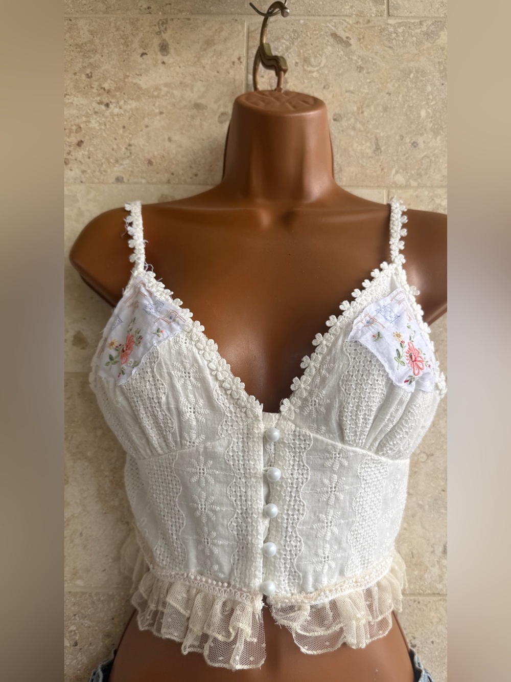 One of a Kind Upcycled White Lace Embroidered Bustier Crop Top